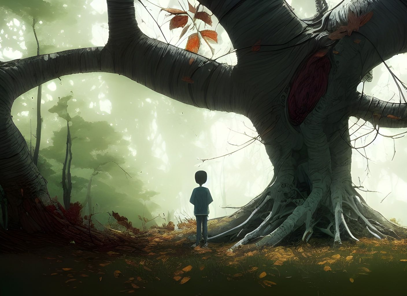 Monstrous Autumn Tree Watching a Boy, Watercolor Illustratio...
