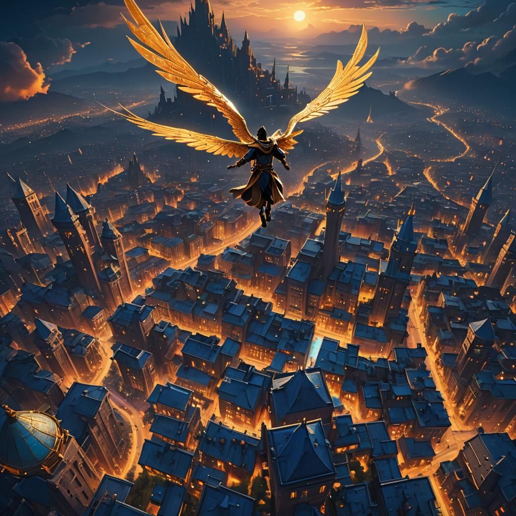 Mystical Cityscape: Fantasy Art in Neon and Gold