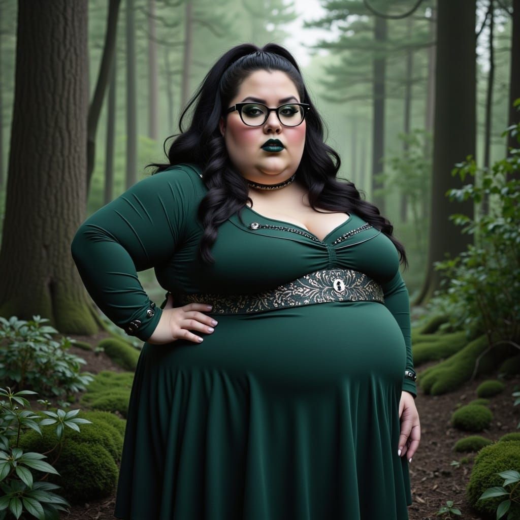 Fantasy Bbw Woman Surrounded by a Colored White Cat in a Dar...