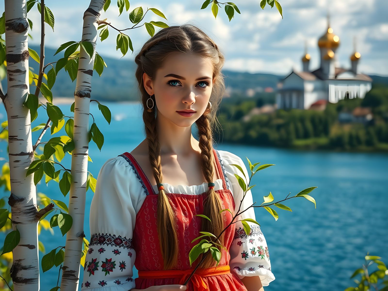 A Young Woman in a Russian Folk Sundress Beside a Birch Tree...