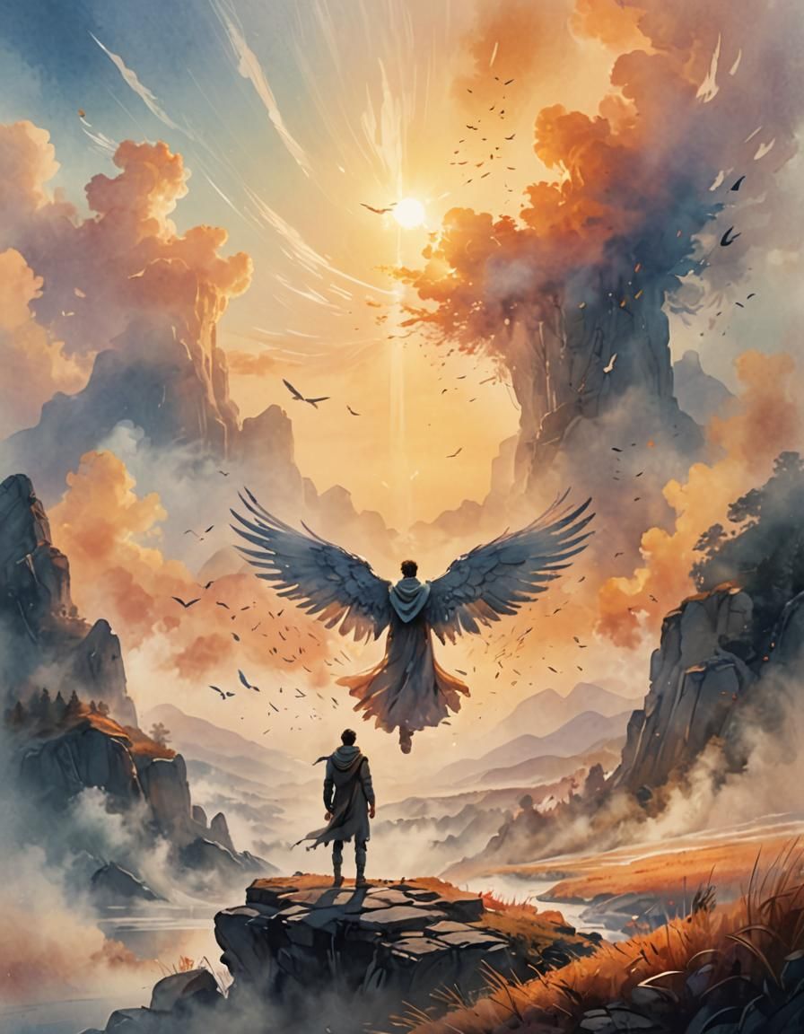 Winged Figure in Misty Landscape, Watercolor Art