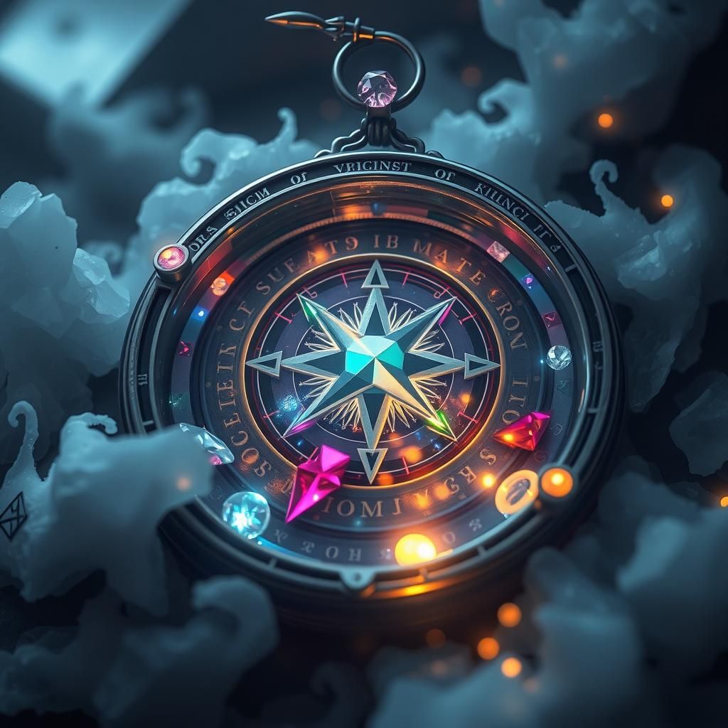 Mystical Crystal Compass with Gemstones in Surreal Style