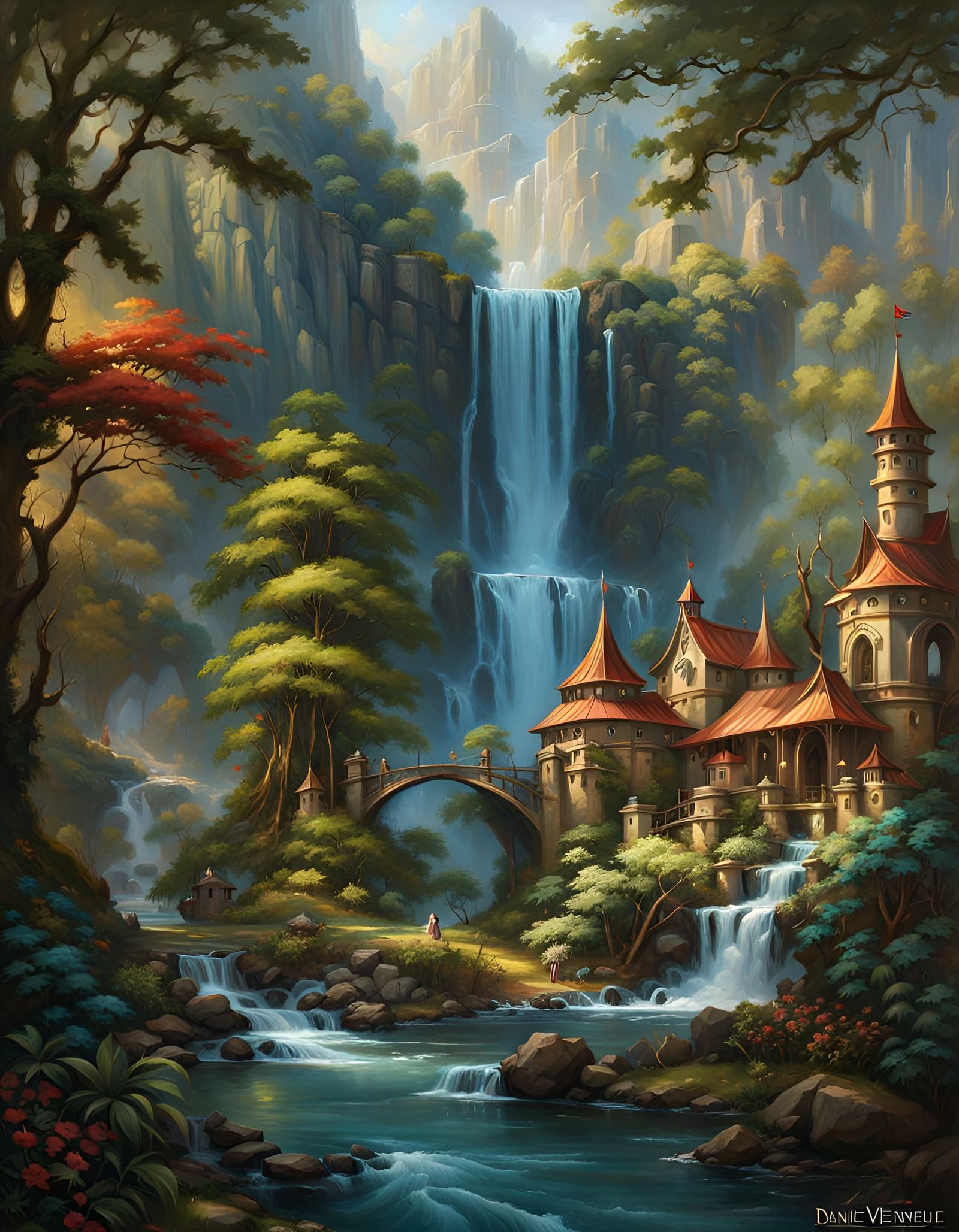 Fantasy Medieval Village in Waterfall Jungle