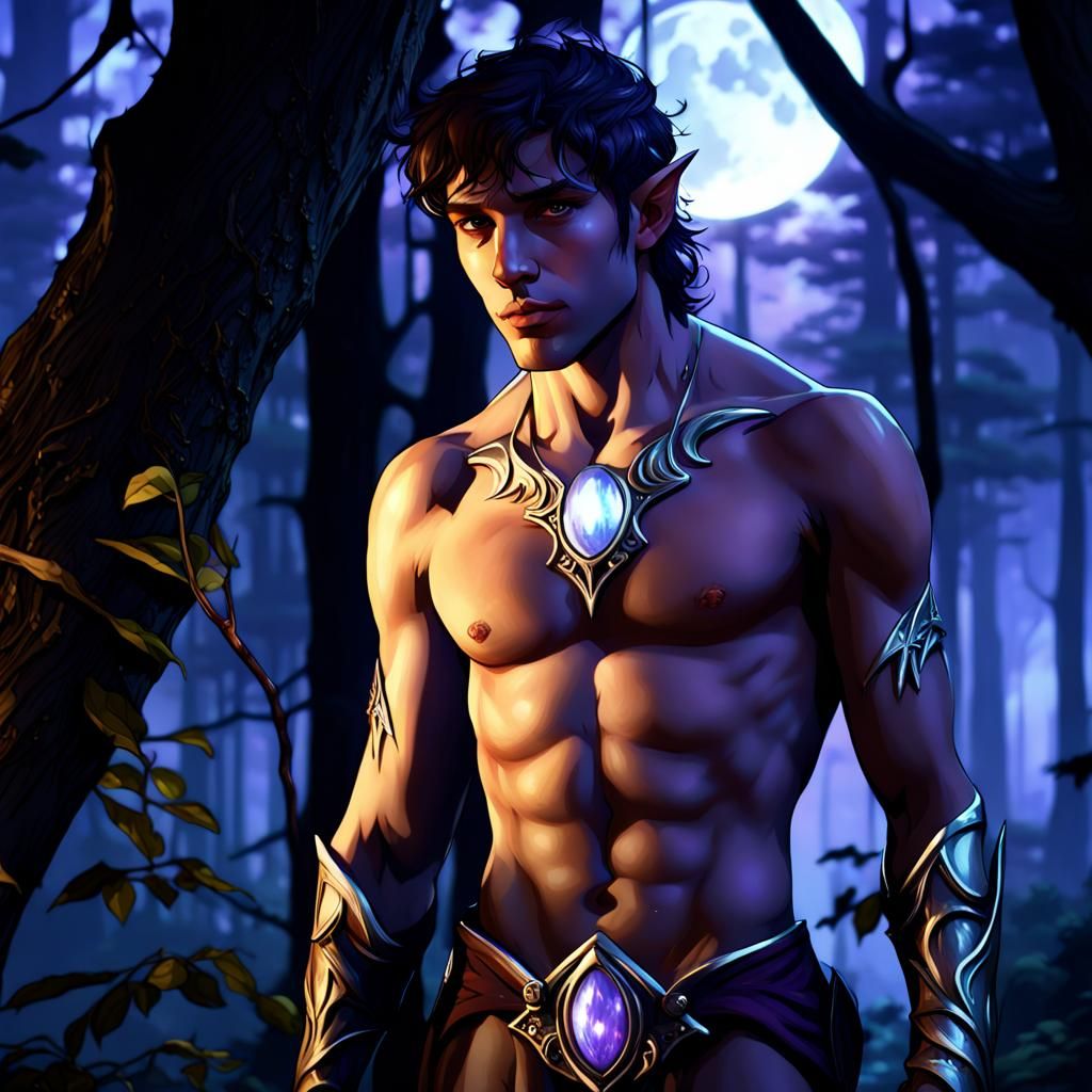 Moonlit Elf in Dark Fantasy Forest, Hyperdetailed Art