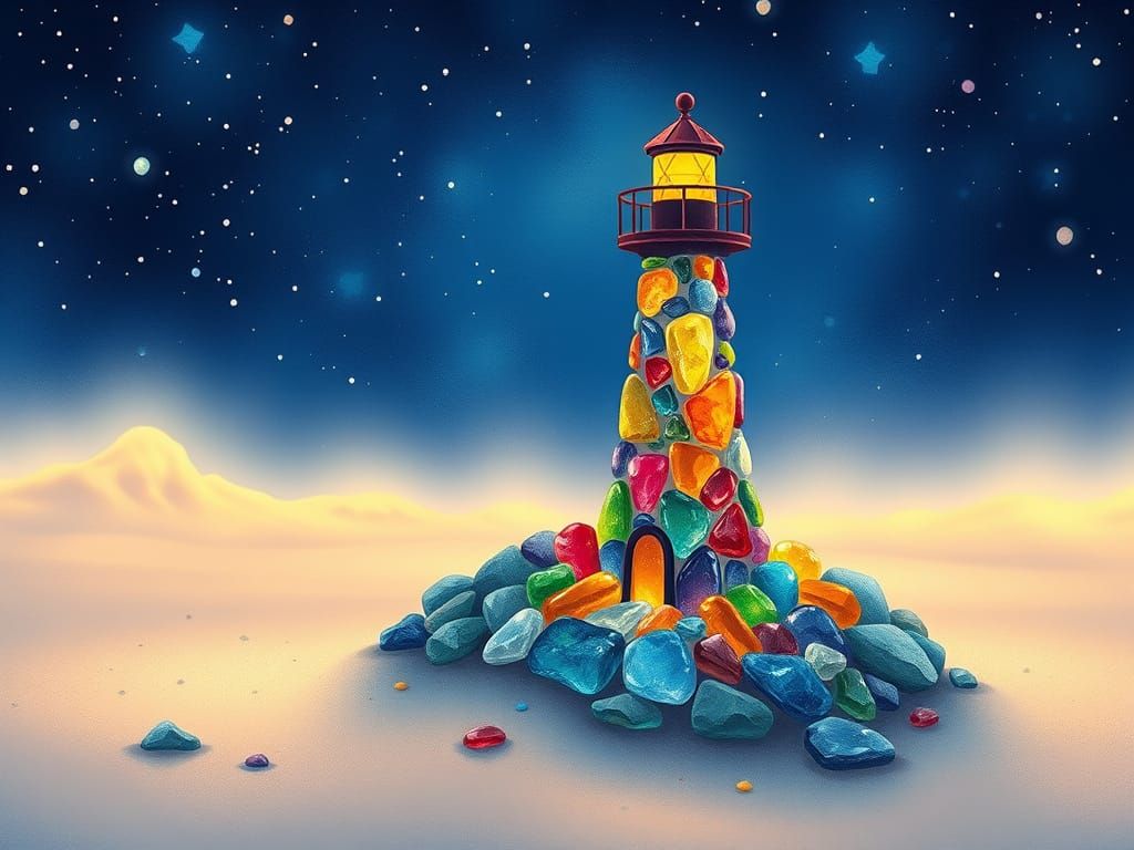 Whimsical Sea Glass Lighthouse Under Starry Night Sky