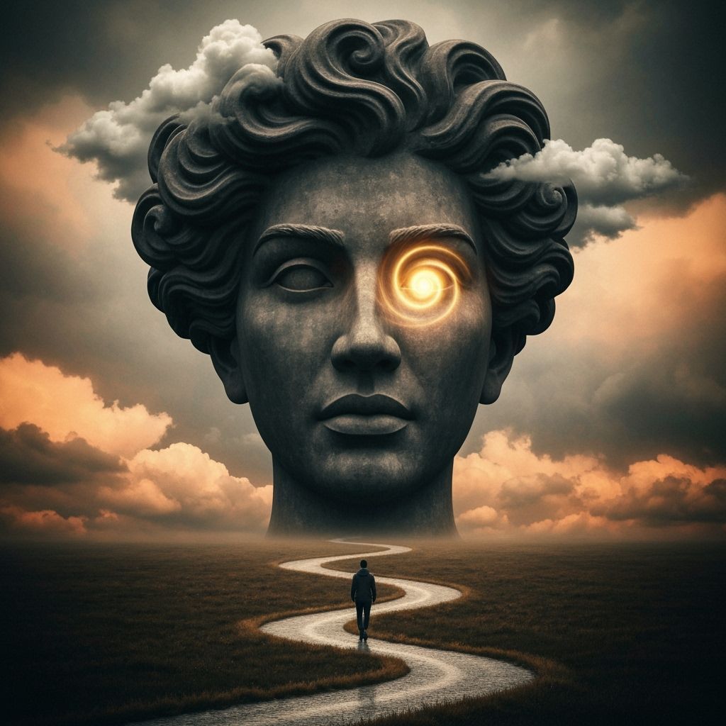 Massive Stone Face Statue Amidst Storm Clouds in Surrealist ...