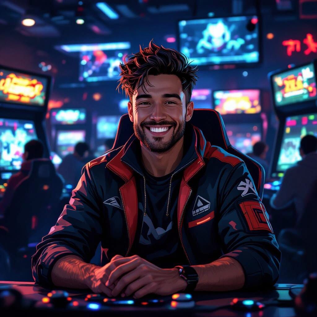 Victorious Gamer in Arcade, Vivid Style