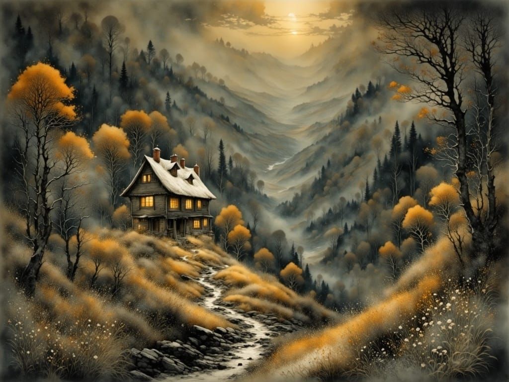 Snowstorm at Night: Cozy House in Valley