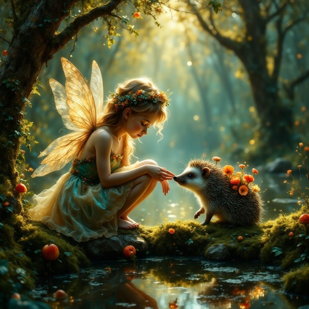 Enchanted Forest Fairy Feeds Glowing Hedgehog