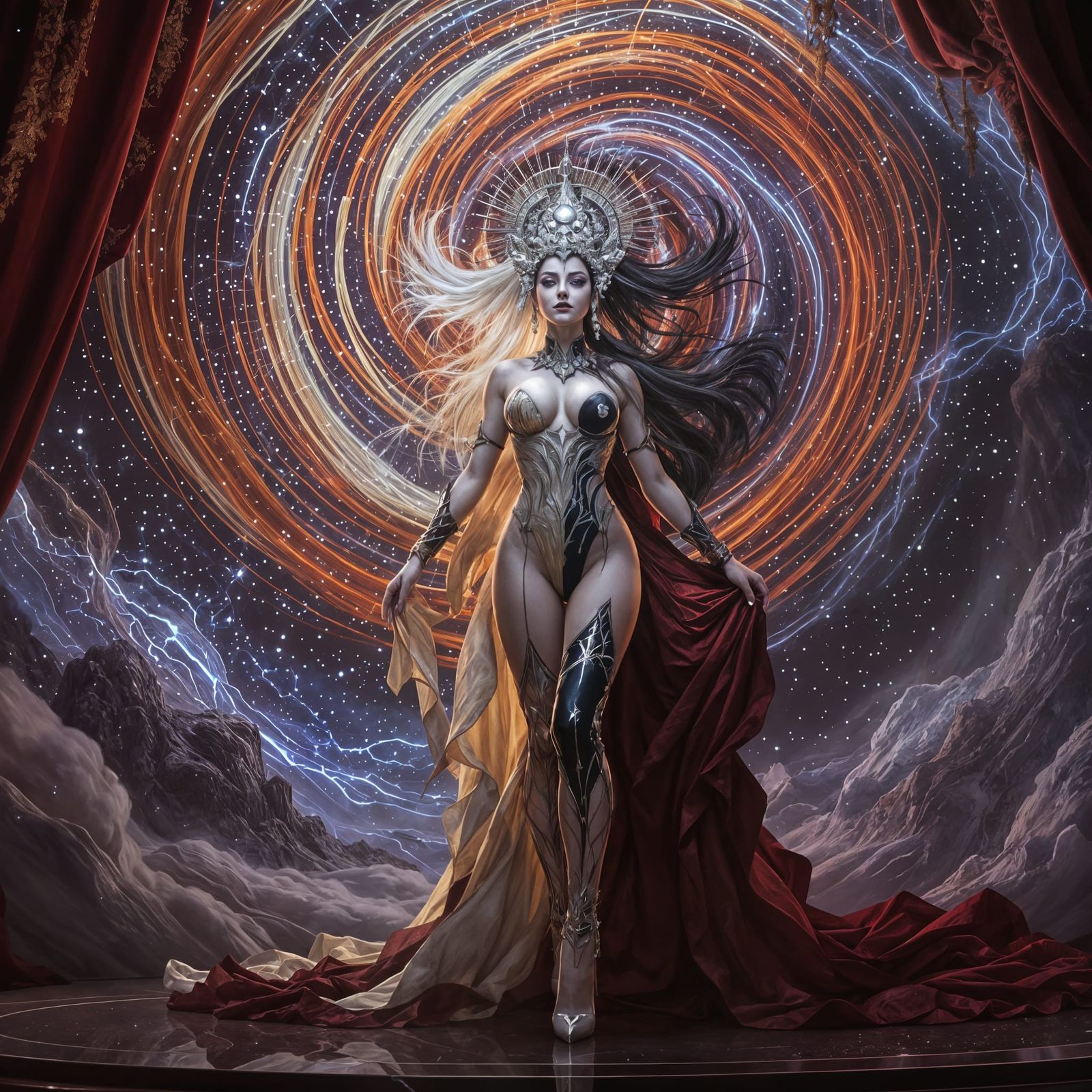 Yin Yang Showgirl in Hyperrealistic Digital Art Style