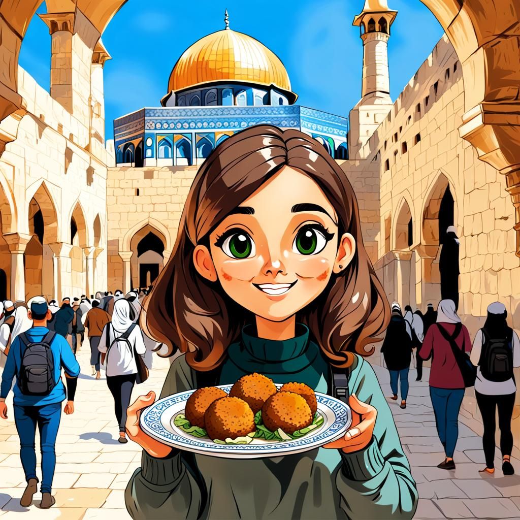 Cute Girl Enjoying Falafel at Temple Mount Illustration