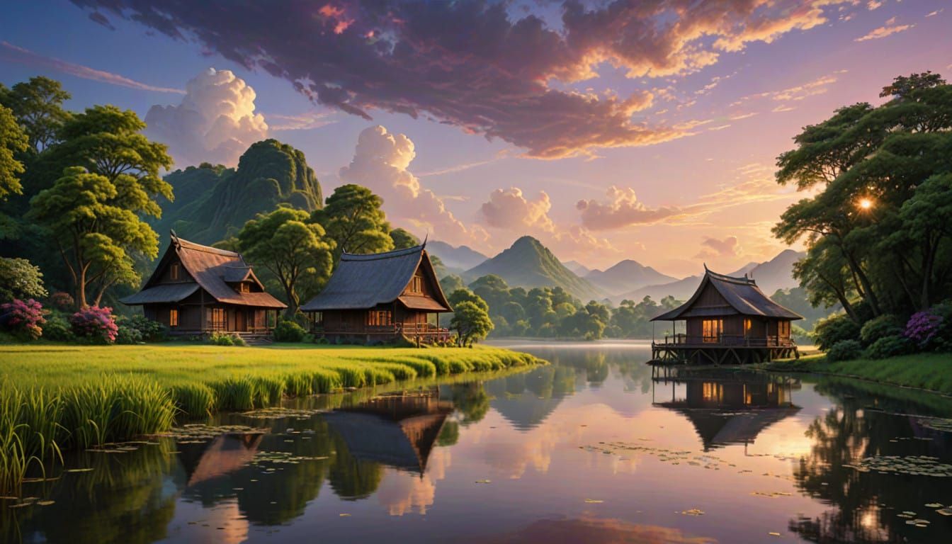 Serene Sunset over Tranquil River in Whimsical Style