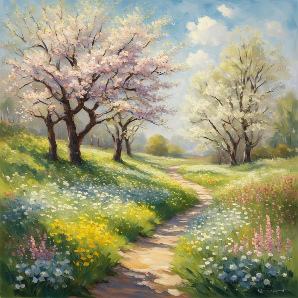 Impressionist Spring Landscape with Blooming Flowers