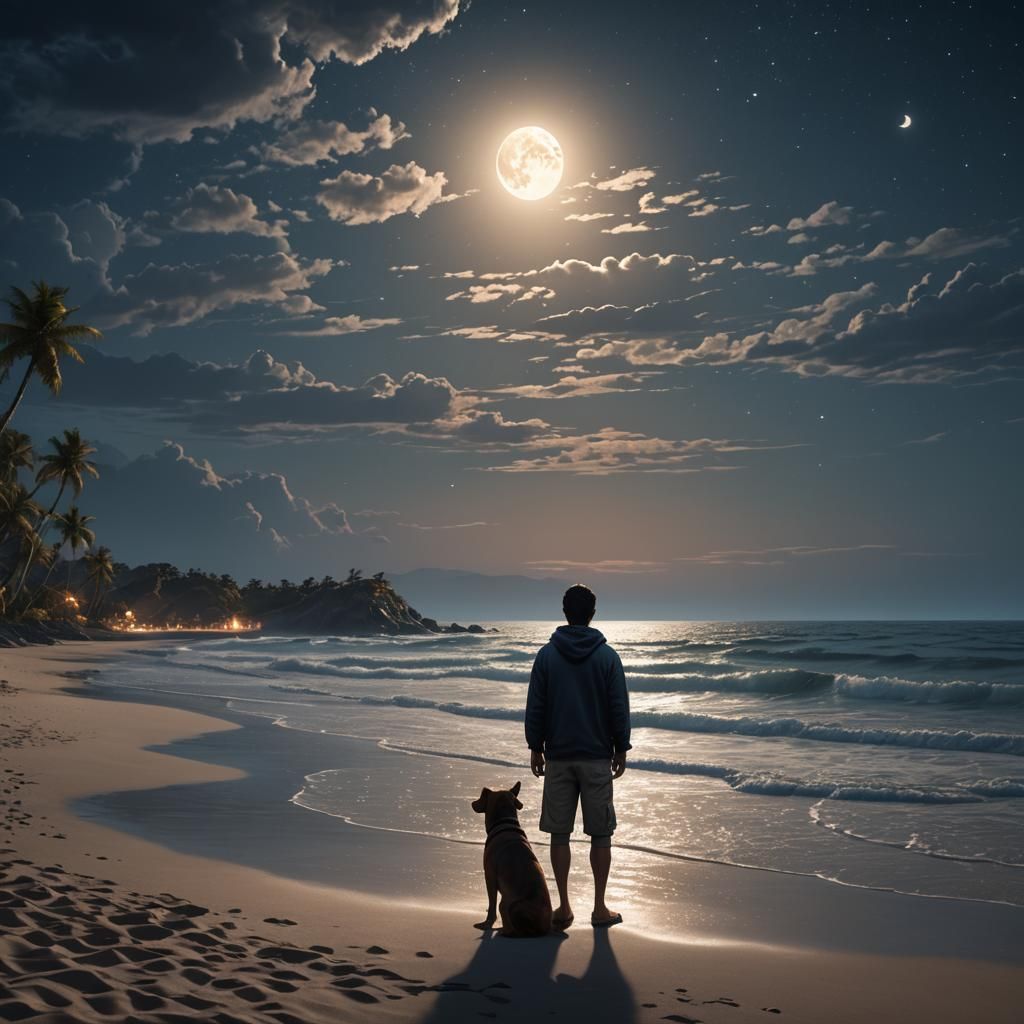 Moonlit Beach Scene with Dog, Detailed Matte Painting