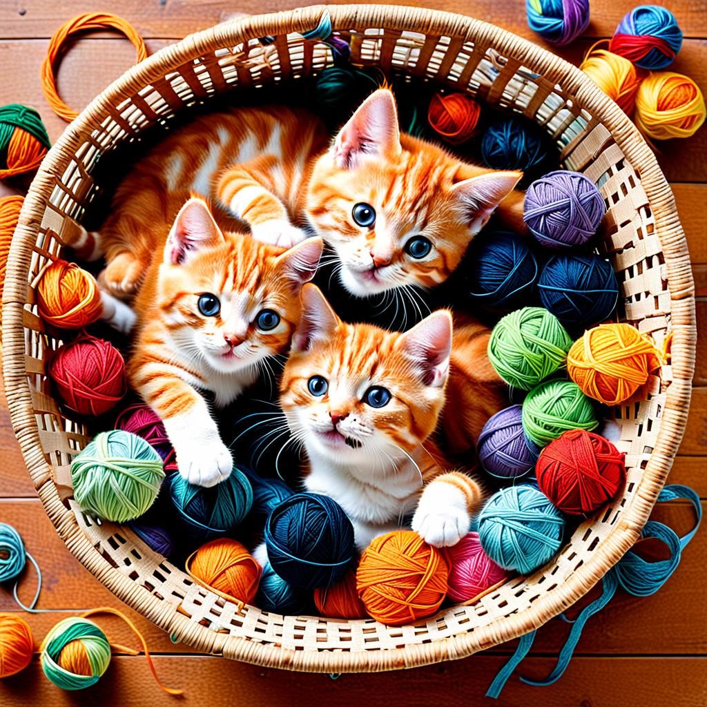 Orange Tabby Kittens Play in Yarn Basket