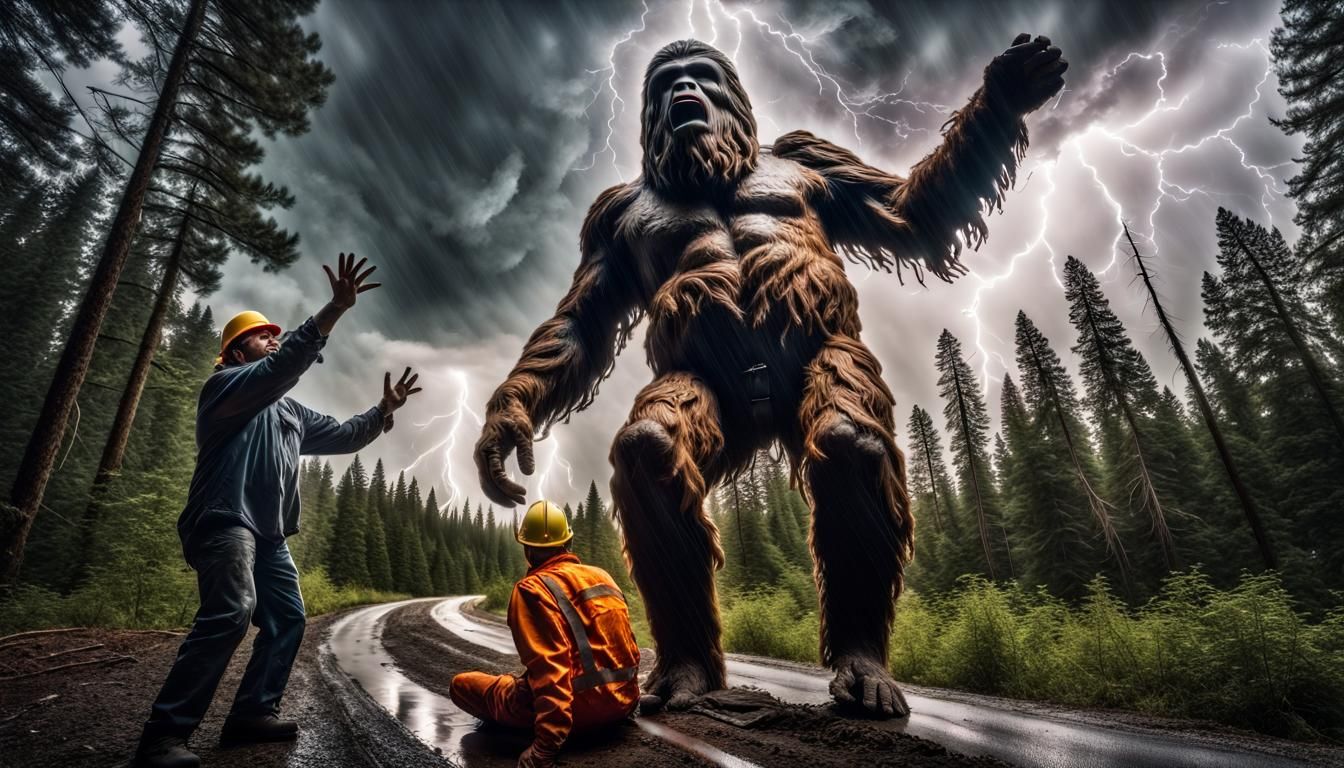 Sasquatch Abduction During Lightning Storm, Hyperrealistic