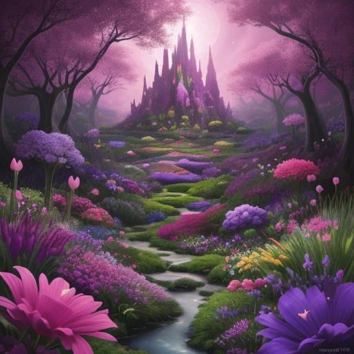 Exotic Flower Garden on Pink Alien Planet