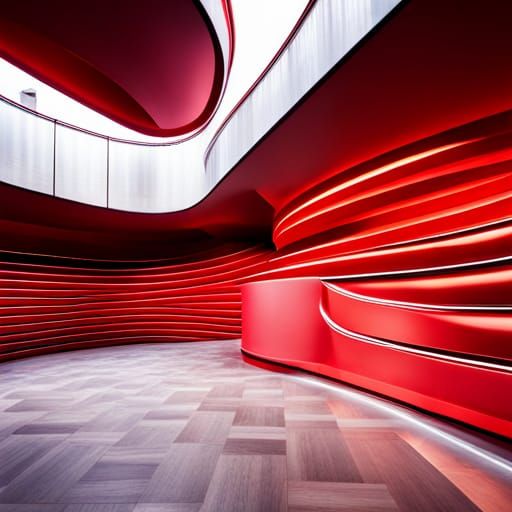 Hyperrealistic Red Building Interior Shaped Like Waves