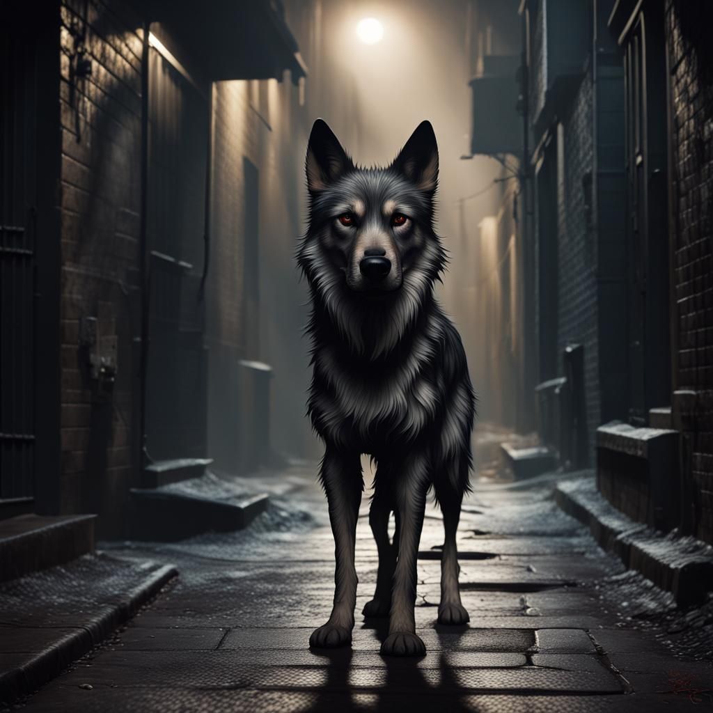 Sinister Canine in Misty Alleyway: Digital Art