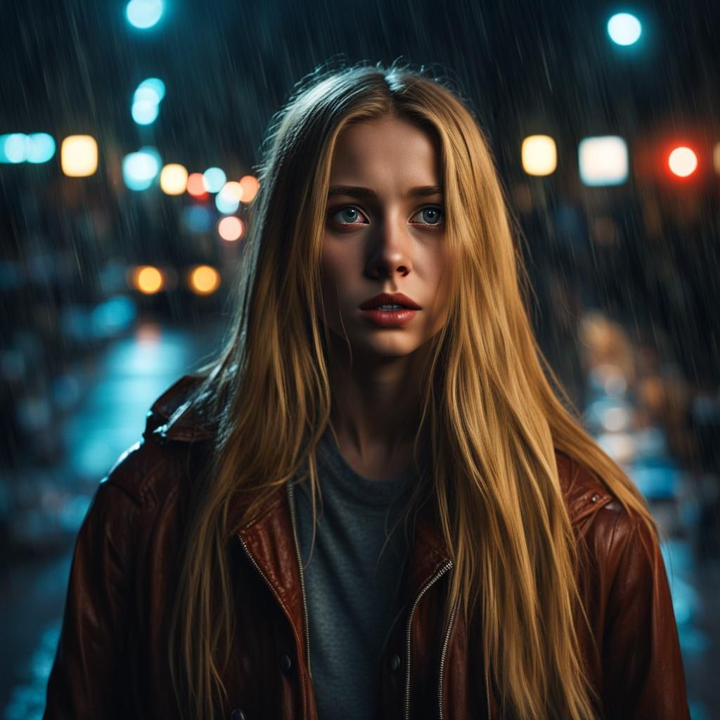 Woman Scared to Cross Street in the Rain