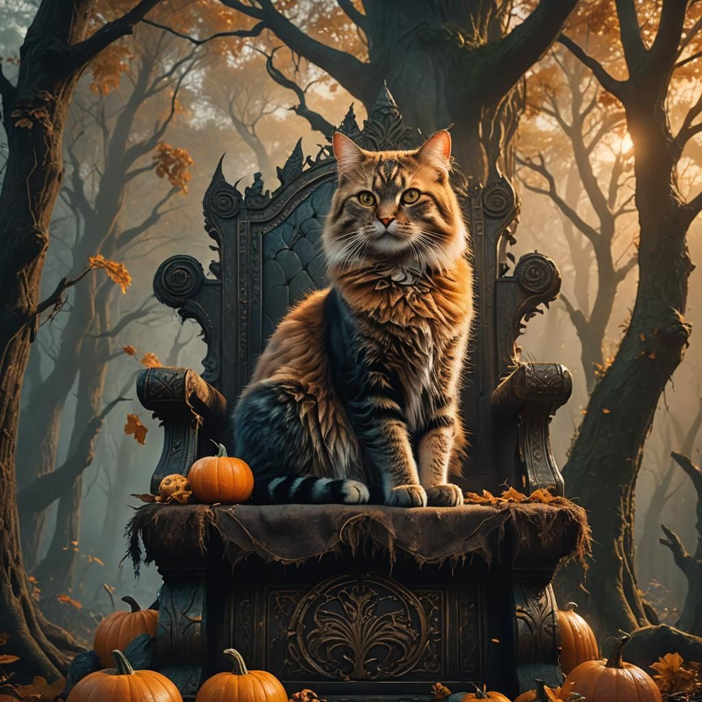 Majestic Cat with Pumpkin Head in Mystical Forest
