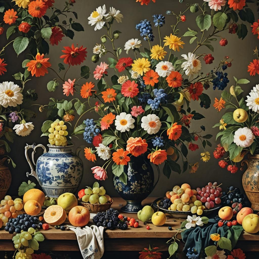 Classic Dutch Still Life with Flowers and Fruit