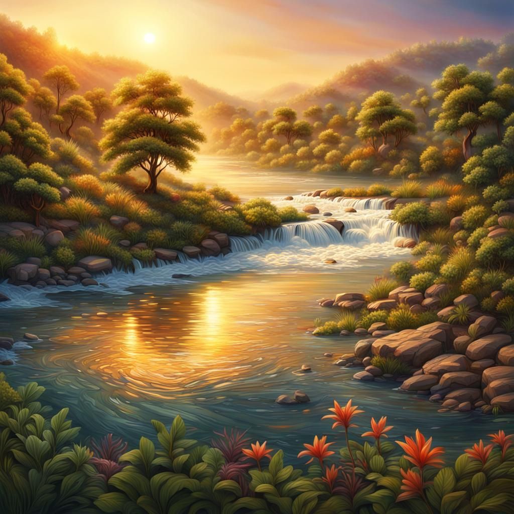 Sunrise Panorama with Bathing Couple, Hyperrealistic Image