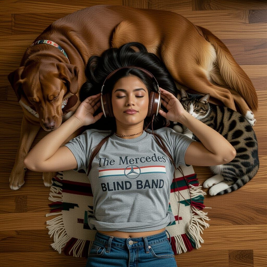 Native American Woman with Dog and Cat, Cinematic Style