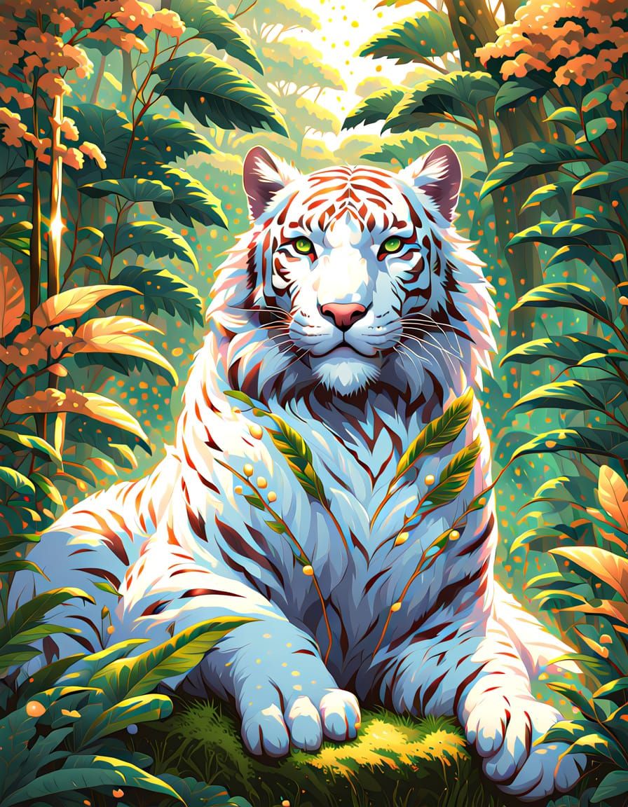 Anime White Tiger in Lush Jungle Sanctuary