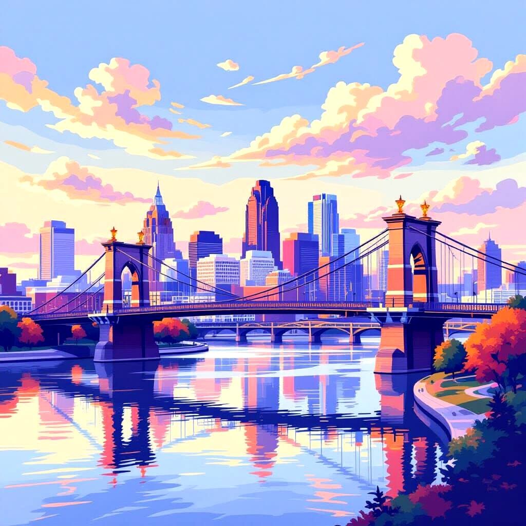 Cincinnati Skyline and Roebling Bridge Illustration in Digit...