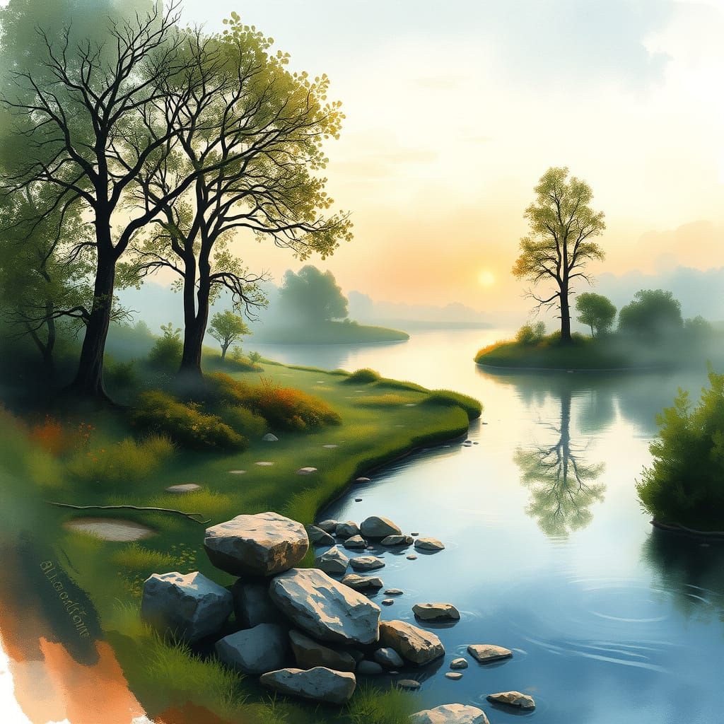 Serene Watercolor Landscape at Sunset with Majestic Trees an...