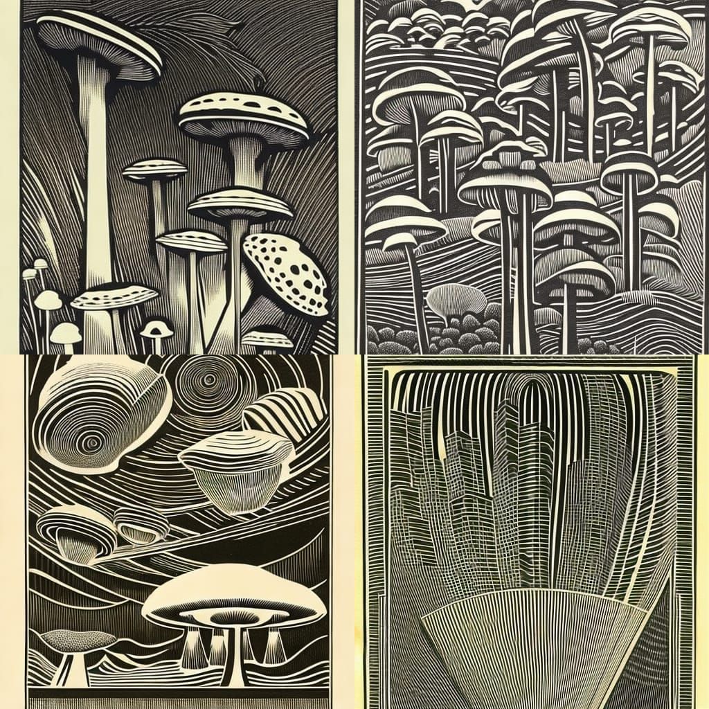 Art Deco Woodcut Mushroom Illustration