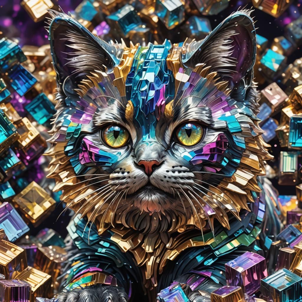 Hyperrealistic Bismuth Crystal Cat in Splash Art