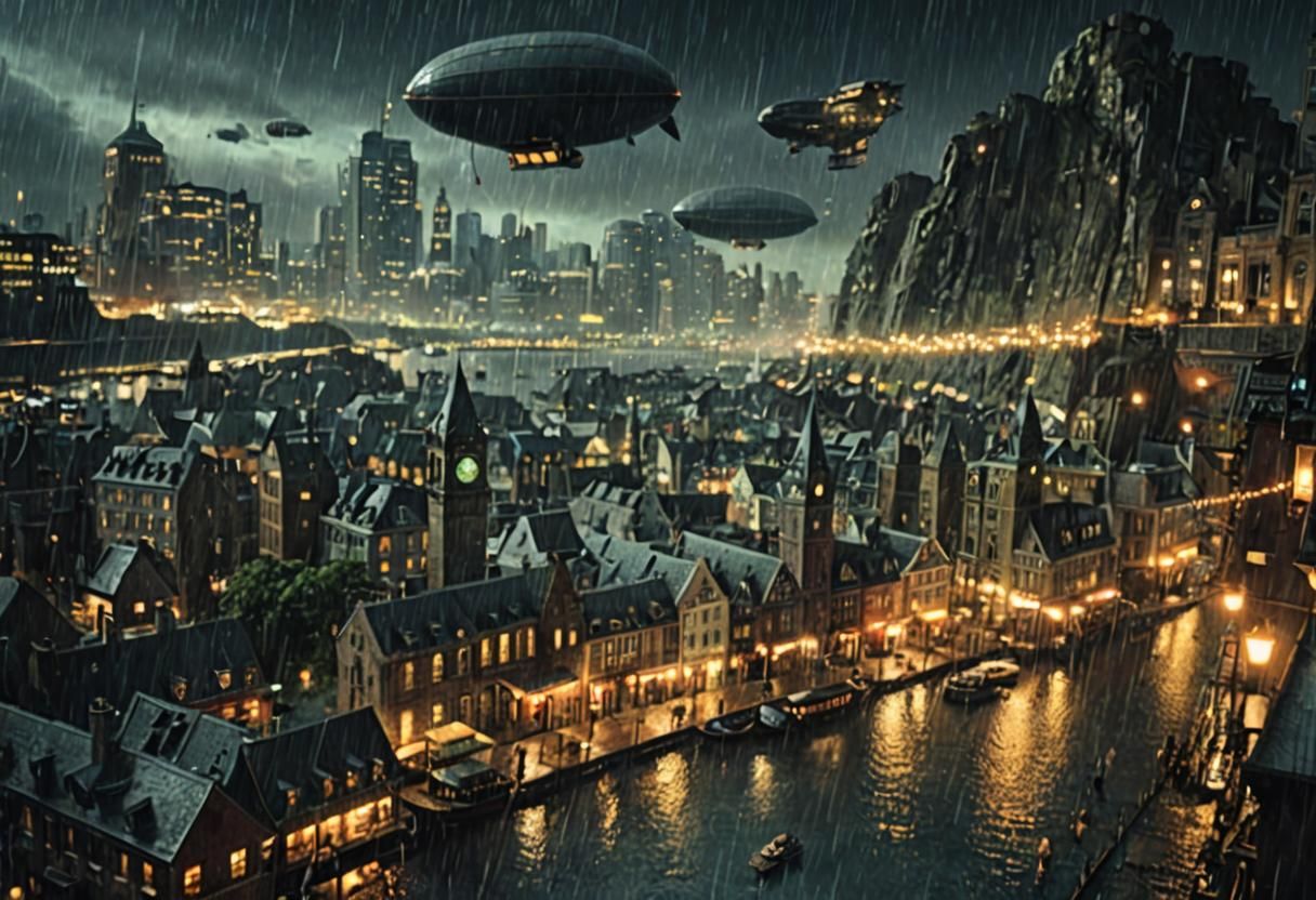 Rainy Harbor City at Night with Zeppelin