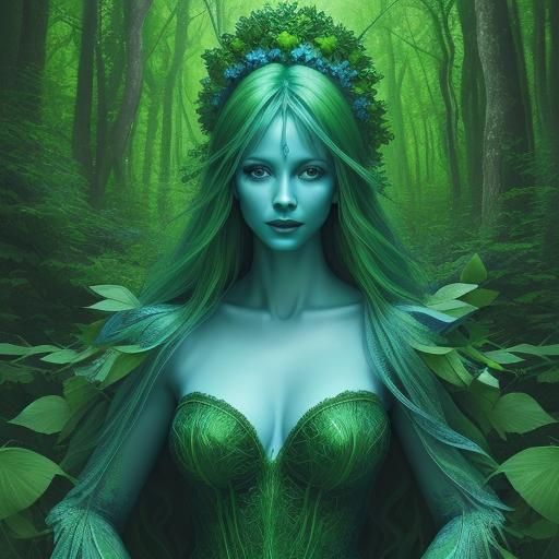 Green Woman in Blue Forest: Hyperrealistic Portrait