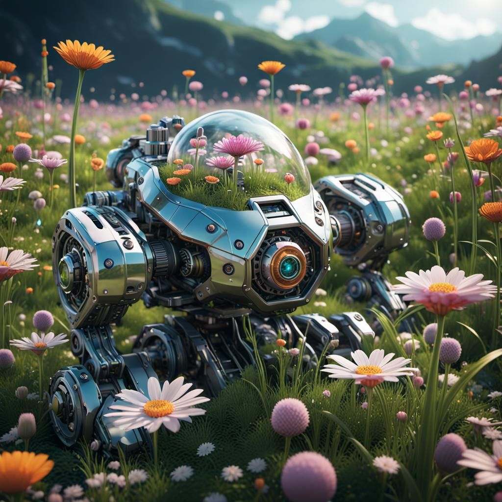 Futuristic Flower Meadow with Intricate Mech Details