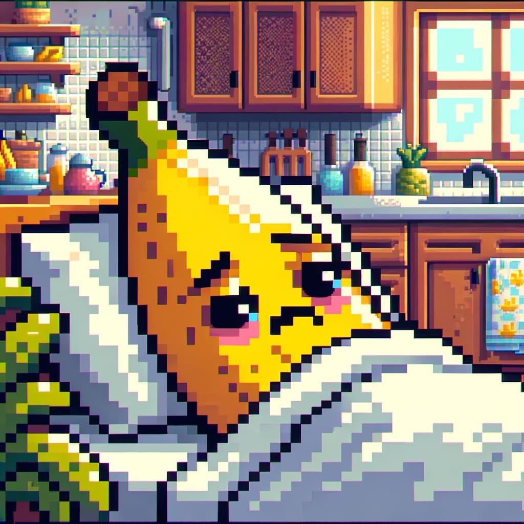 Distressed Banana Character in Kitchen as Pixel Art