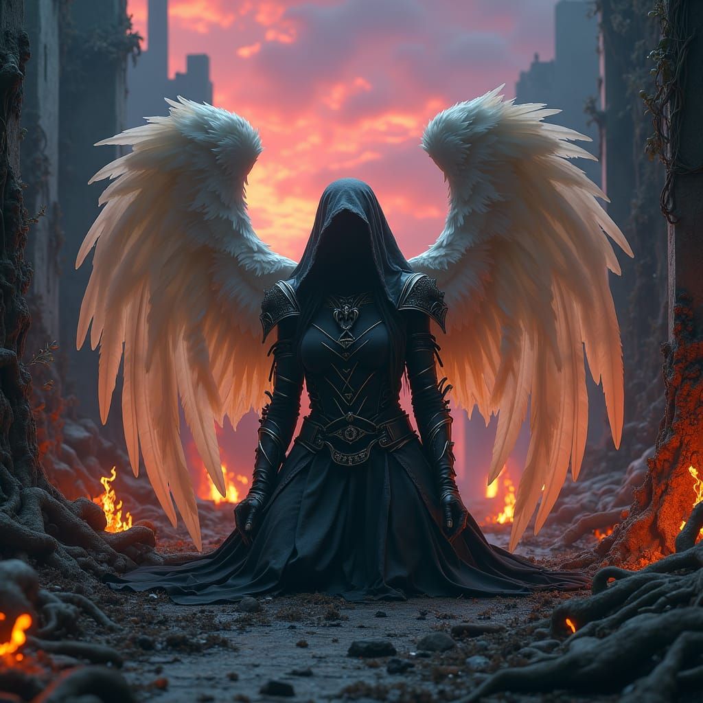Fallen Angel Kneeling in Ruined Cityscape