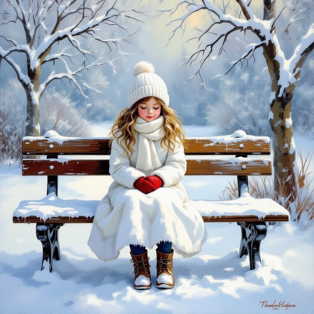 Snow Girl on Bench in Gouache Style