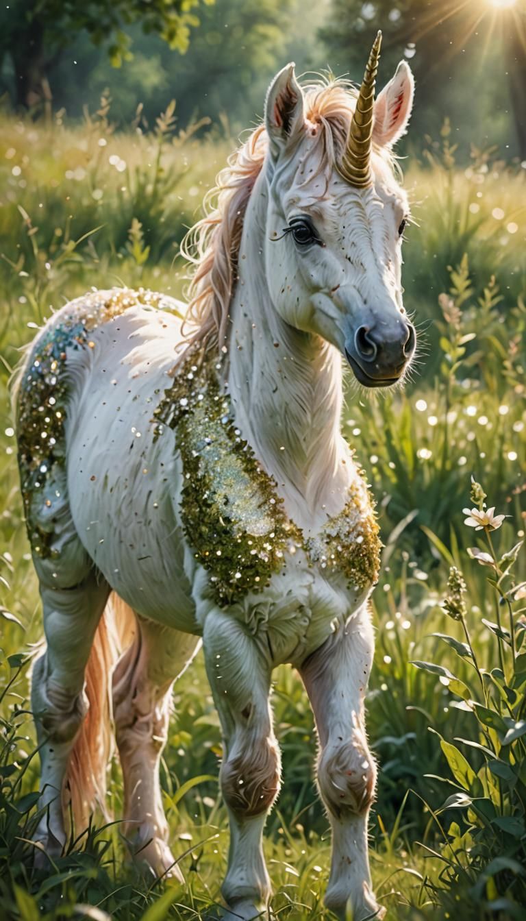 Unicorn Foal in Sparkling Watercolor Meadow