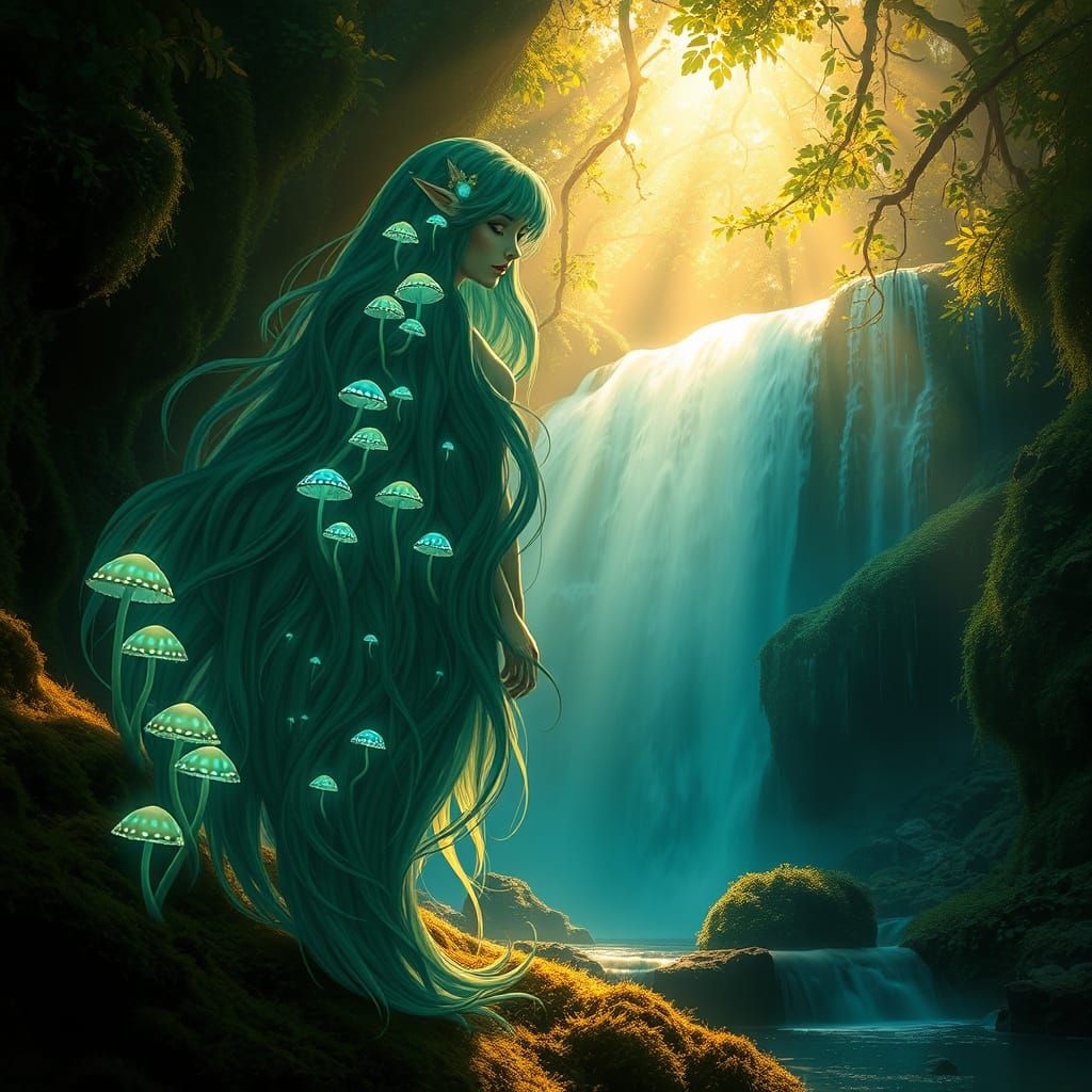 Forest Nymph in Enchanted Grotto, with Bioluminescent Hair a...