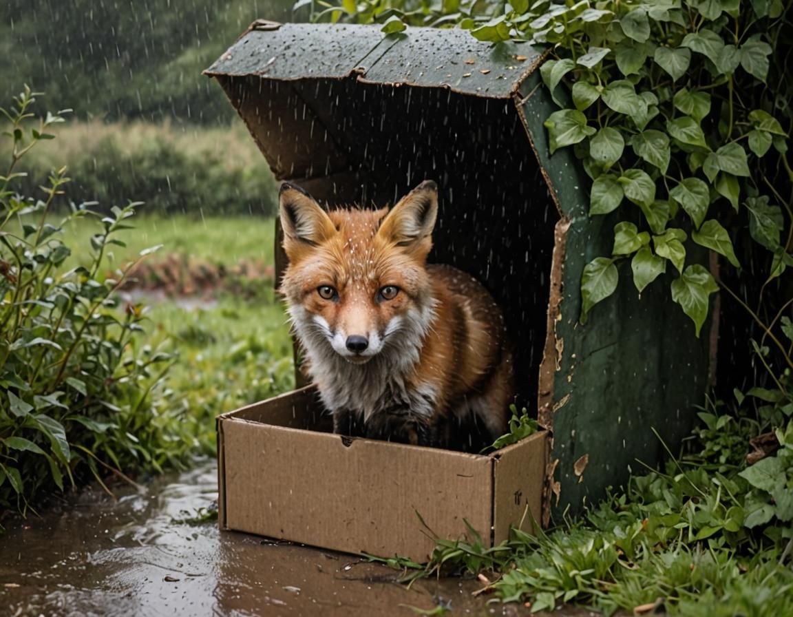 Fox Sheltering from Rain in Countryside: National Geographic...