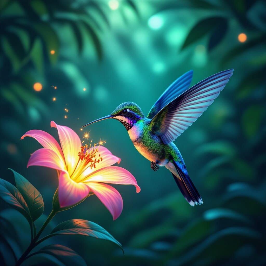 Bioluminescent Hummingbird Sipping Nectar in Photorealistic ...