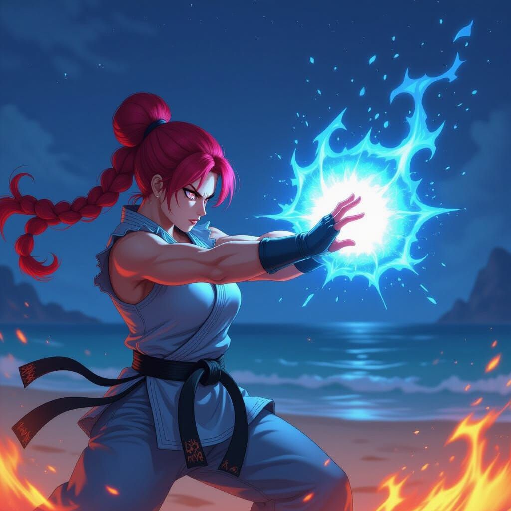 Akane Akuma Unleashes Fiery Hadouken on Night Beach