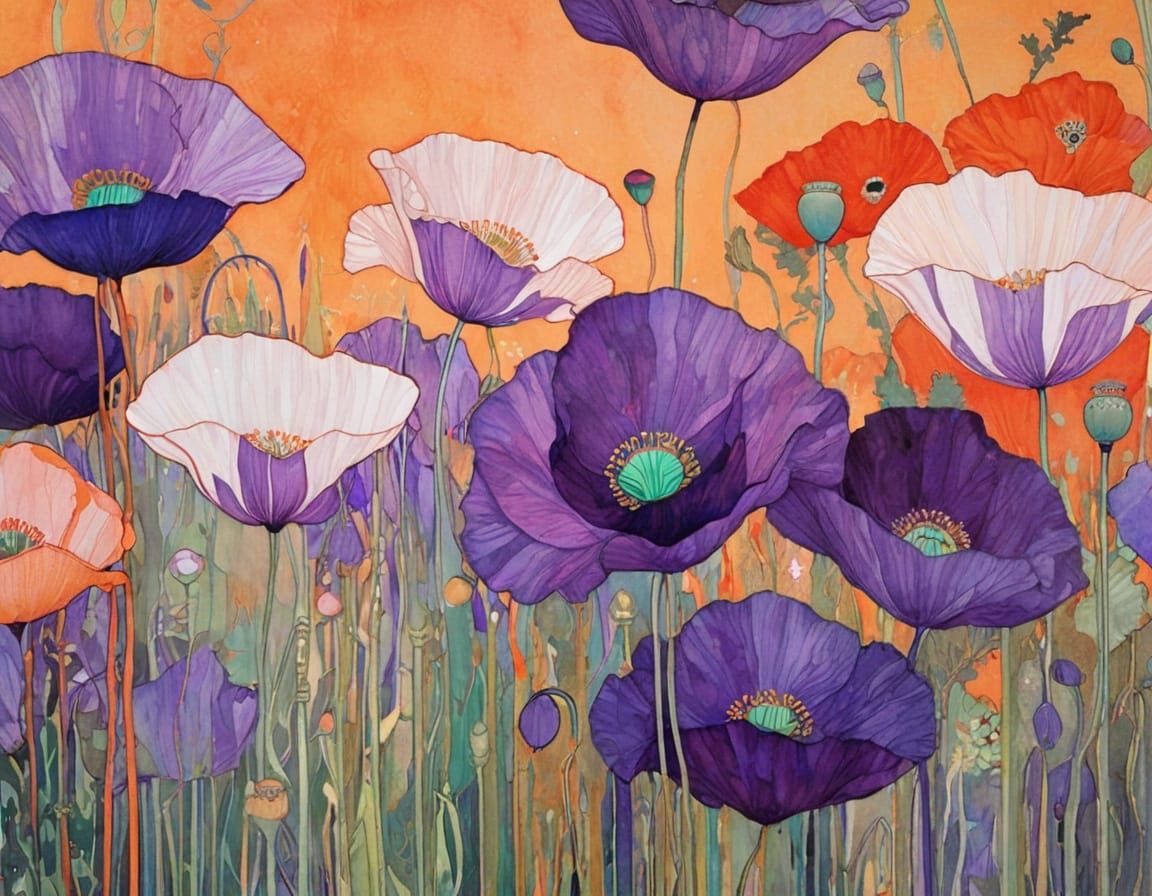 Abstract Poppy Blossom Art, Klimt and Schiele Style