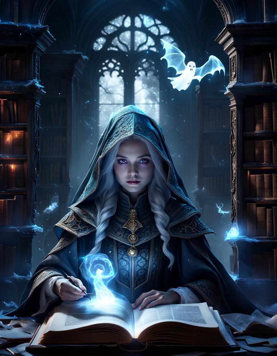 Ghostly Watcher: Wizard Girl Reading in Ruined Library