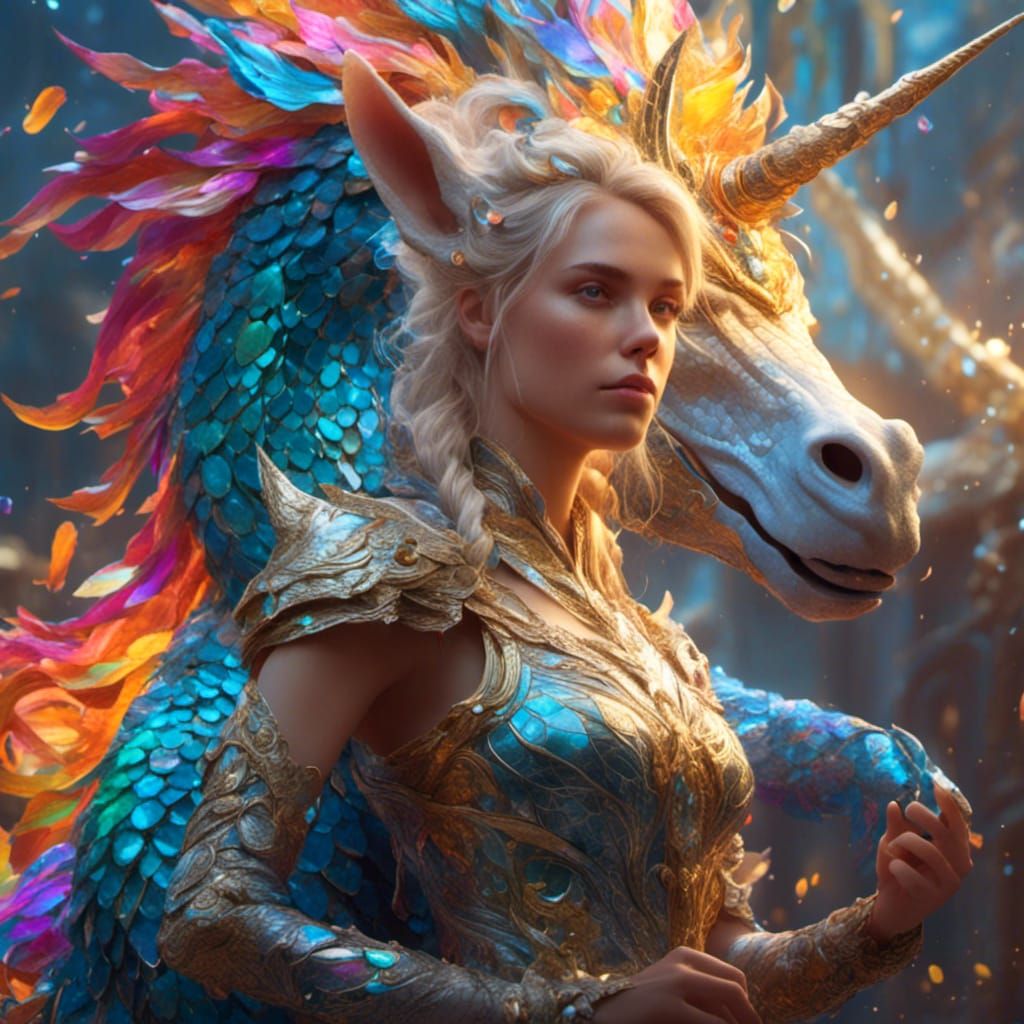 Blonde Dragon Queen with Rainbow Scales and Unicorn
