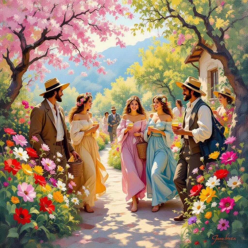 Floral World with Smiling People in Oil Painting Style