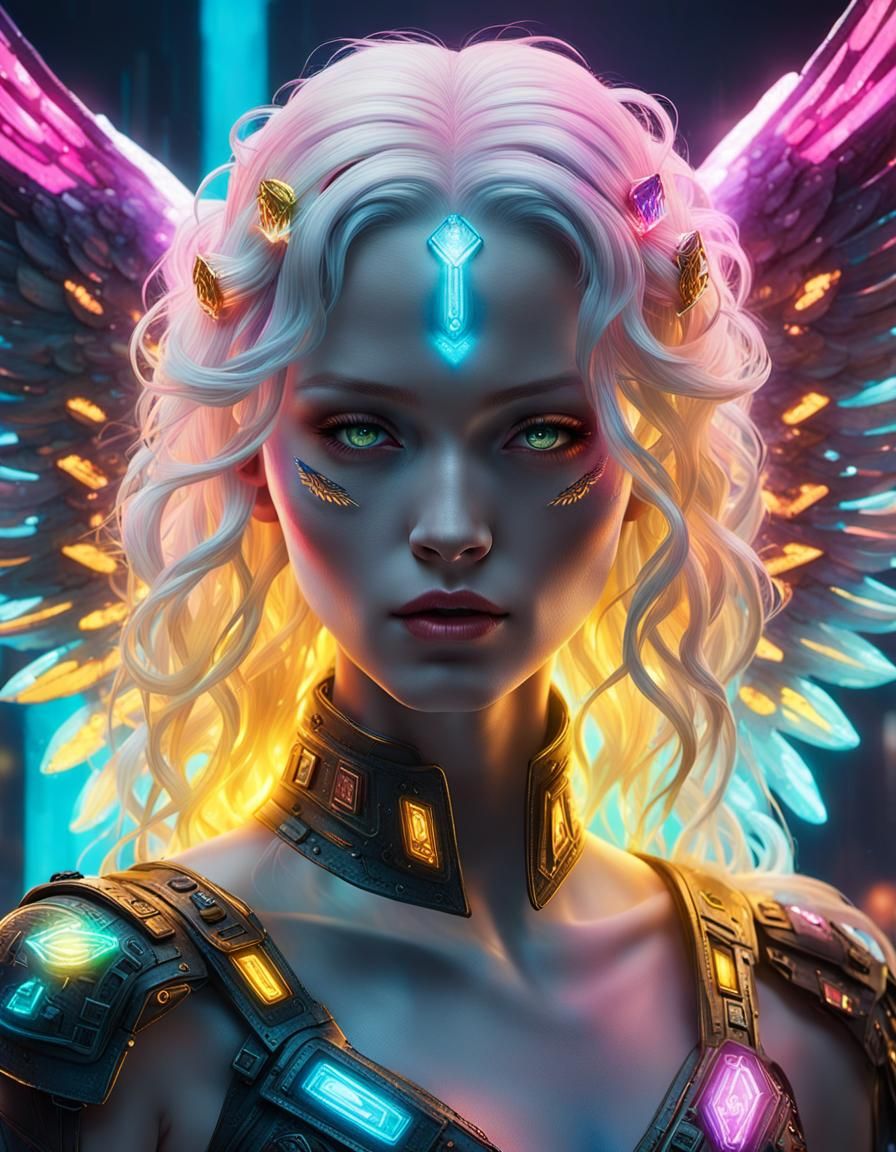 Angel Goddess with Diamond Wings in Cyberpunk Style