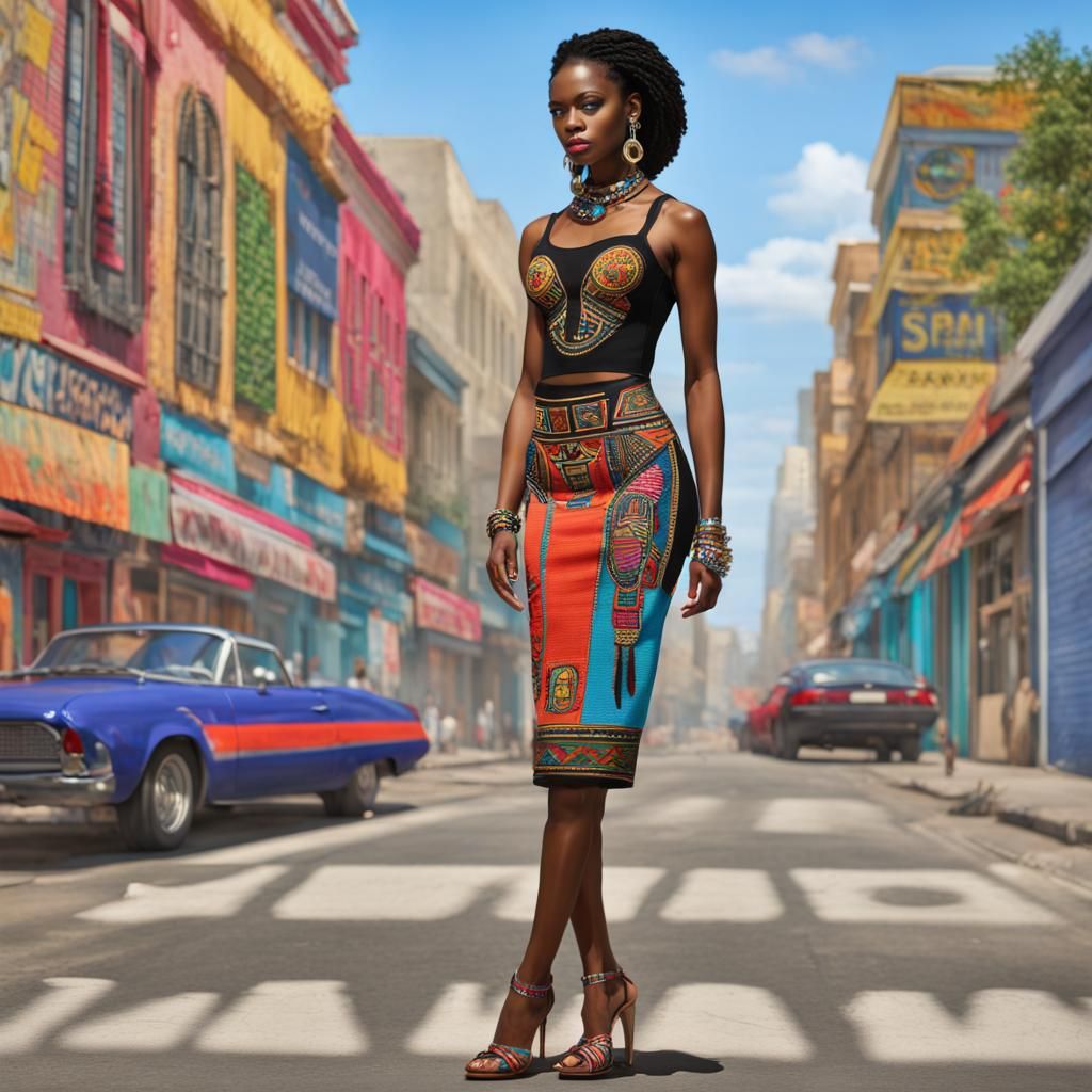 Embroidered African Goddess in a Fantastical Cityscape